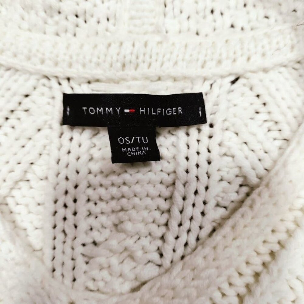 Tommy Hilfiger Cable Knit Poncho Sweater Faux Fur Trim Hooded Fringe Hem Onesize - Picture 4 of 16